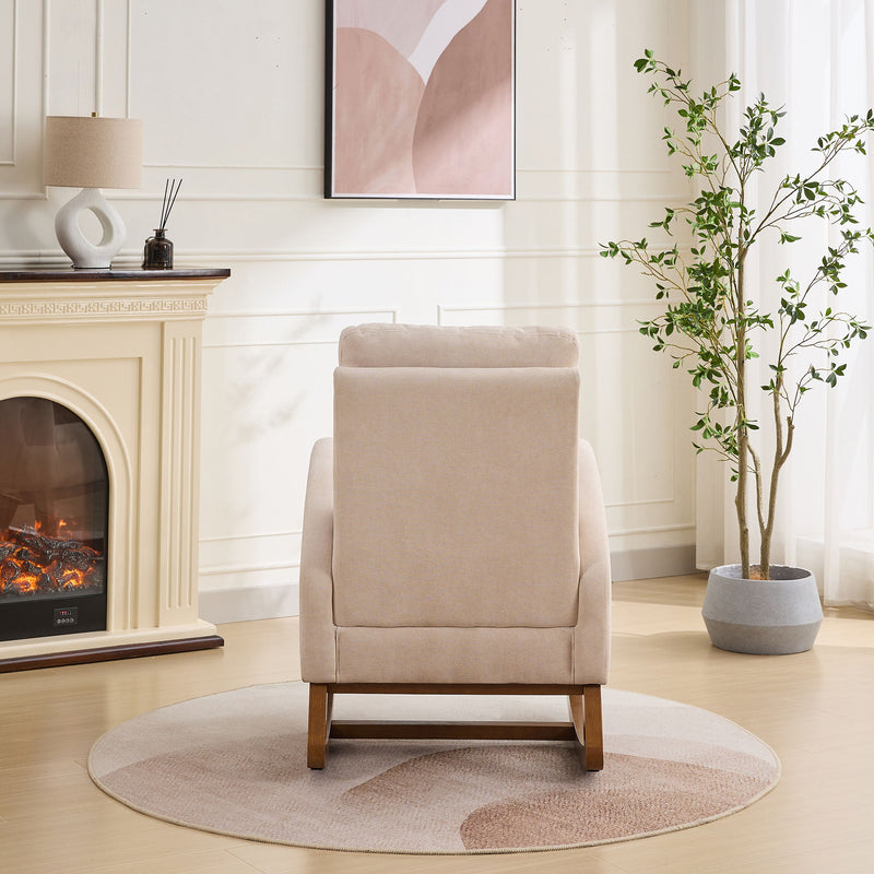 Rocking Chair For Nursery, Polyester Glider Chair With High Back And Side Pocket, Rocking Accent Armchair With Rubber Wood Legs For Living Room / Bedroom - Beige