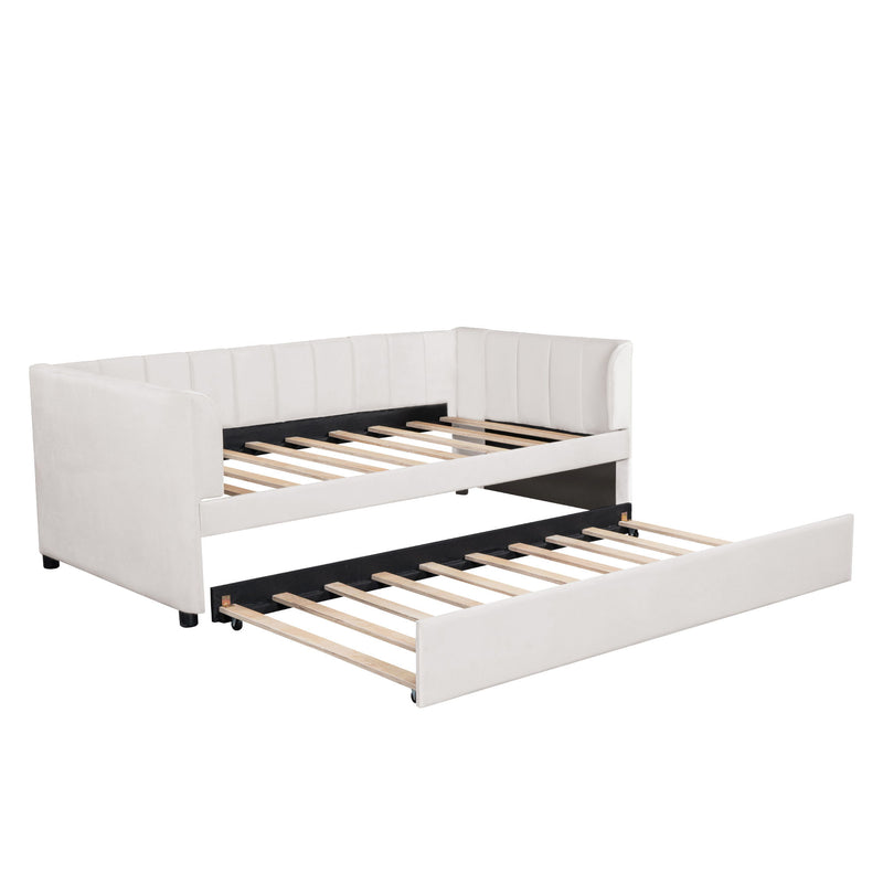 Twin Size Upholstered Daybed With Ergonomic Design Backrest And Trundle - Beige