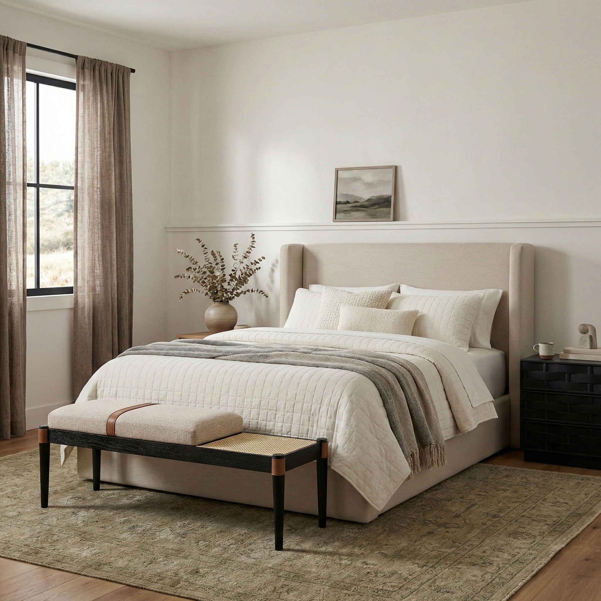 Nara - Linen Textured Fabric Upholstered Bench - Painted Black - Urban Living Furniture (Los Angeles, CA)