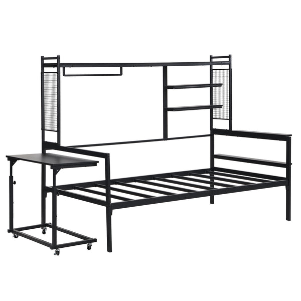Daybed With Movable Desk, Grid, Shelves And Clothes Hanger