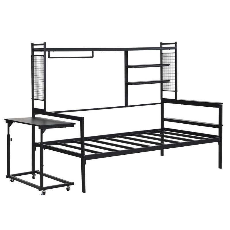 Daybed With Movable Desk, Grid, Shelves And Clothes Hanger