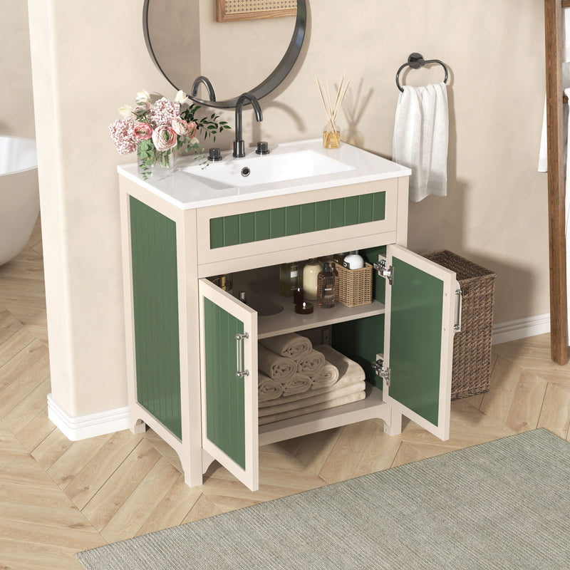 Bathroom Vanity Cabinet With Ceramic Sink Combo Set, Frame Modern Bathroom Storage Cabinet With Height Adjustable Shelf - Beige / Green