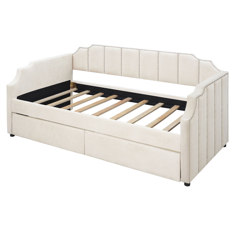 Upholstered Daybed With Drawers, Slat Support
