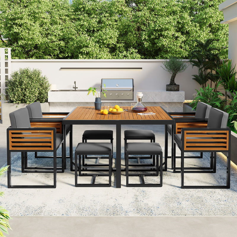Acacia Wood Patio Dining Set, Cushioned Chairs & Ottomans Square Table