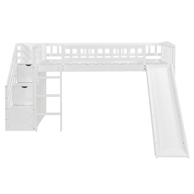 Loft Stairway Bed With 2 Drawers, Convertible Ladder And Slide