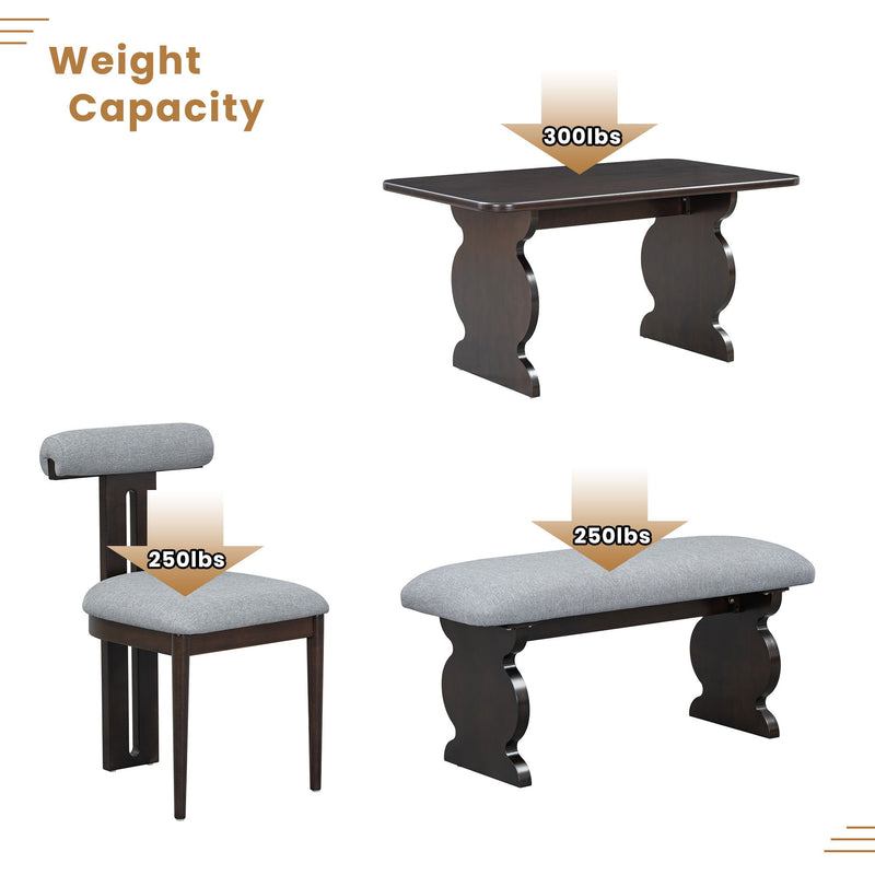 Mid-Century Modern Table Set For 6 Persons With 4 Chairs And Bench, Padded Seats And Backrest