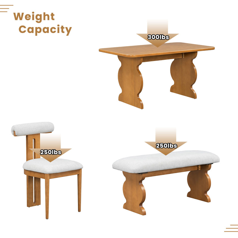Mid-Century Modern Table Set For 6 Persons With 4 Chairs And Bench, Padded Seats And Backrest