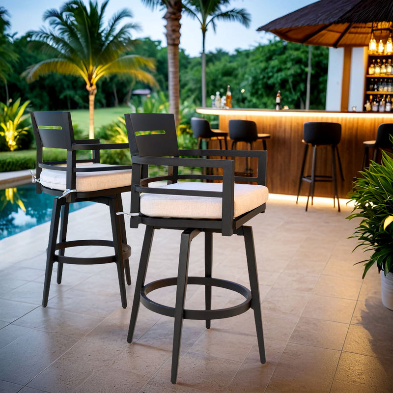 Modern Outdoor Swivel Bar Chairs, 360 Degree Rotation, Ergonomic Backrest, Armrests & Sunbrella Cushions, Weather Resistant (Set of 2) - Ember Black