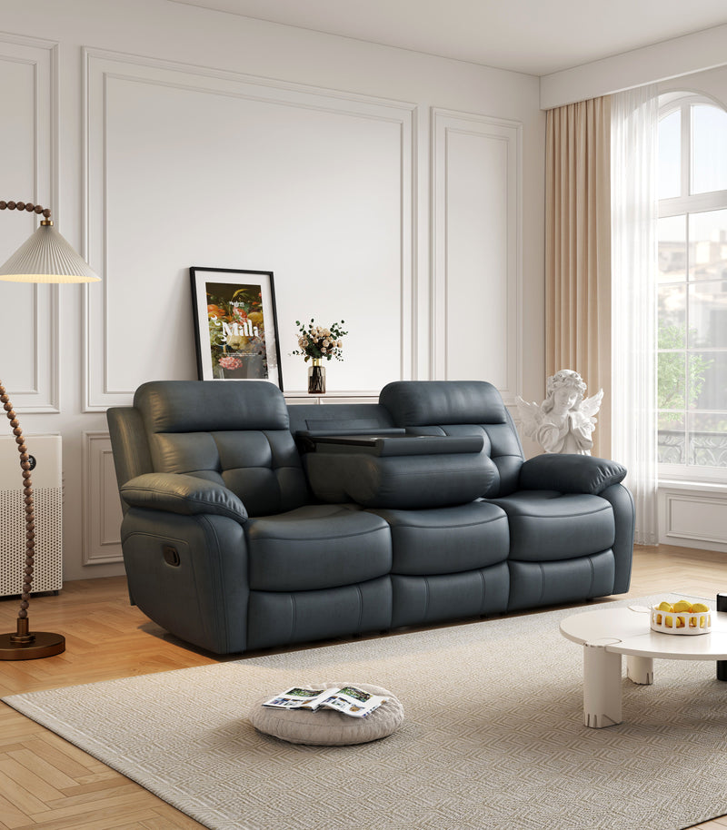 Genuine Leather Non Power Reclining Sofa With Drop Down Table, Stainless Steel Cupholders And Magazine Bag