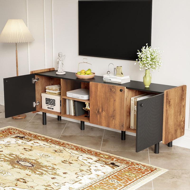Mid Century TV Stand With 3 Cabinets, Media Console Table For Tvs Up To 70'', Entertainment Center With Storage For Living Room - Black / Brown