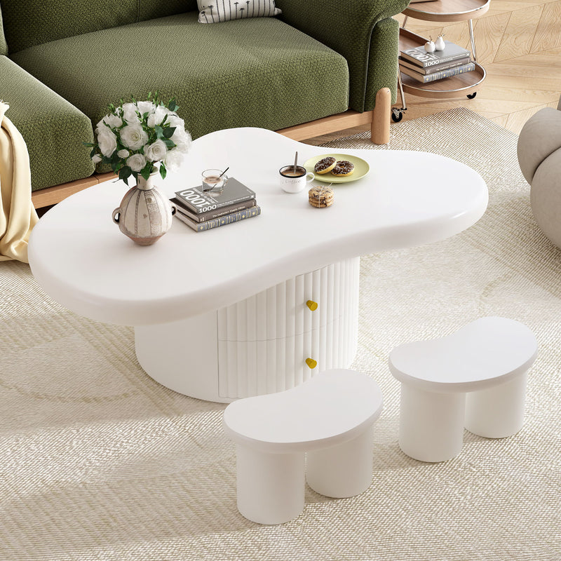 Cloud - Coffee Table (Set of 3), Irregular Shape Coffee Table With 2 Drawers, 2 Small Stools For Living Room - White