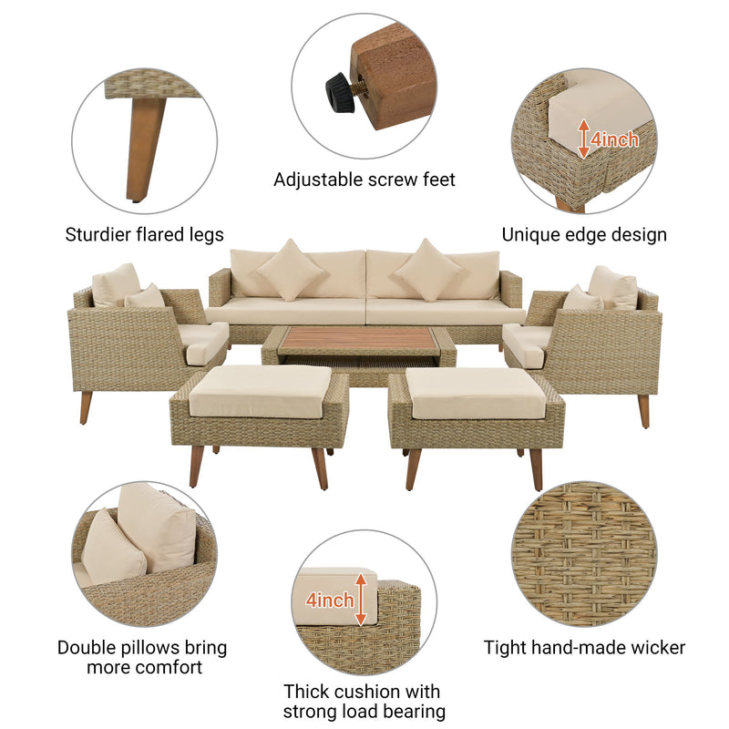 6 Pieces All Weather Sofa Set, Outdoor Rattan Sofa With Double Cushions