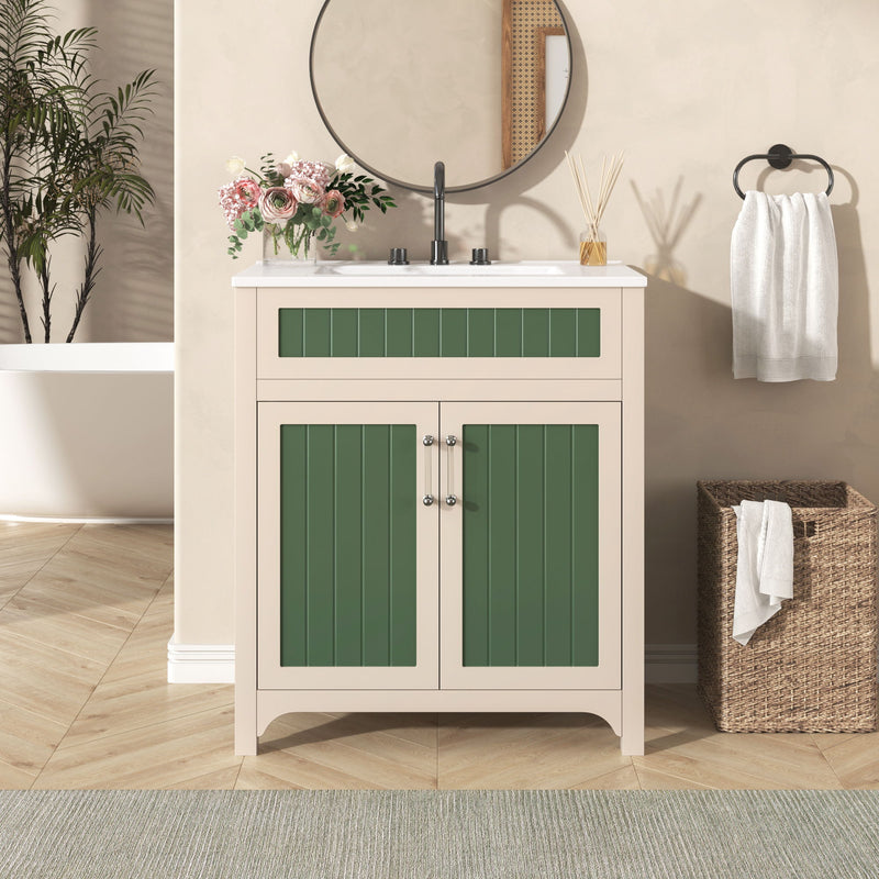 Bathroom Vanity Cabinet With Ceramic Sink Combo Set, Frame Modern Bathroom Storage Cabinet With Height Adjustable Shelf - Beige / Green