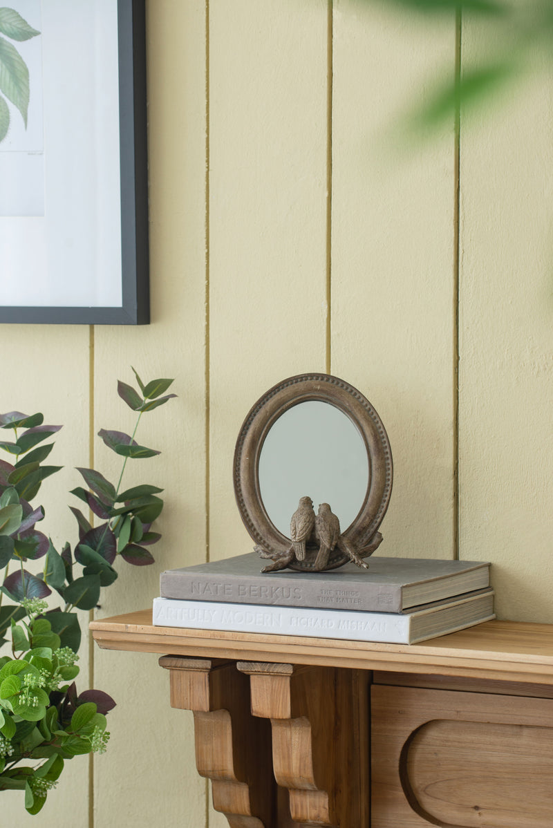 Corella - Oval Bird Mirror With Resin Frame Desk Mirror With Stand For Counter Bedroom Bathroom - Brown