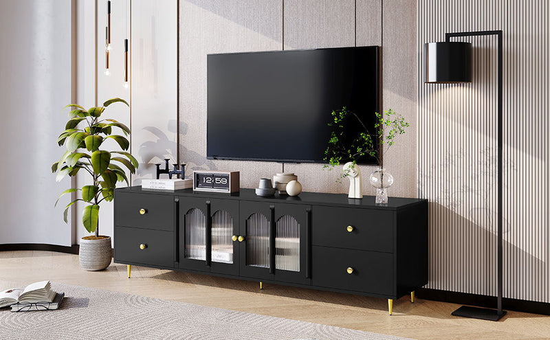 Modern TV Stand With Glass Door, 4 Drawers And 2 Cabinets