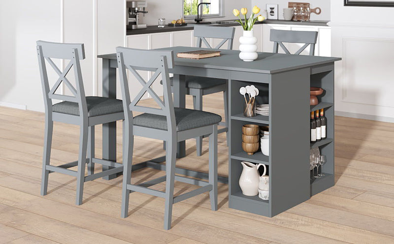 Solid Wood Farmhouse Counter Height Dining Table Set With 3 Tier Storage Shelves