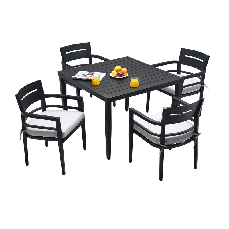5 Piece Outdoor Patio Modern Dining Set, Including 4 Dining Chairs Sunbrella Fabric Cushioned And Square Dining Table With Umbrella Hole - Ember Black