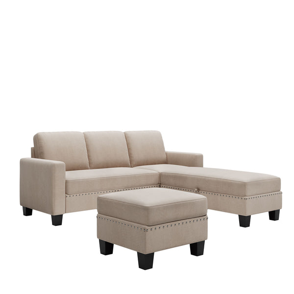 Reversible Sectional Couch With Storage Ottoman L-Shaped Sofa, Sectional Sofa With Chaise, Nailheaded Textured Fabric 3 Pieces Sofa Set - Warm Gray - Urban Living Furniture (Los Angeles, CA)