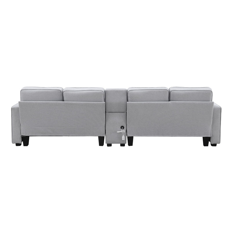 Upholstered Sofa With Console, 2 Cupholders And 2 USB Ports Wired Or Wirelessly Charged, Modern Linen Fabric Couches With 4 Pillows For Living Room, Apartment (4-Seat) - Urban Living Furniture (Los Angeles, CA)