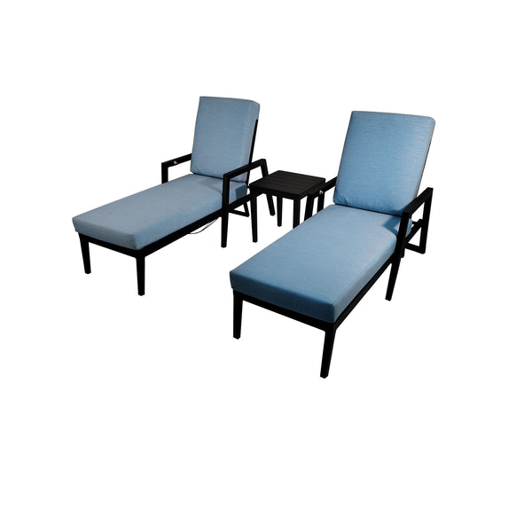 3 Piece Outdoor Patio Chaise Lounge Set, 2 Chaise & 1 End Table With Modern Tapered Feet, Pneumatic Adjustable Backrest For Effortless Reclining, Wheels, Sunbrella Cushion - Ember Black / Blue