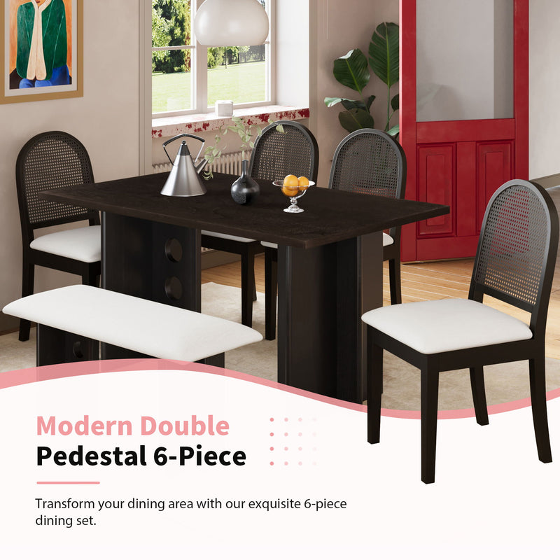 Modern Double Pedestal 6 Piece Dining Table Set, 4 Upholstered Rattan Back Dining Chairs And Bench