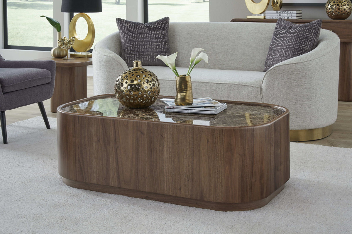 Juba - Natural Marble And Walnut Coffee Table With Casters - Mongoose