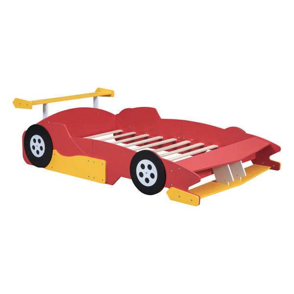 Full Size Race Car Shaped Platform Bed With Wheels - Red