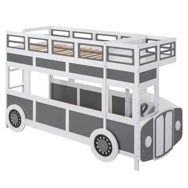 Twin Over Twin Bus Shaped Bunk Bed With Wheels And Storage - Gray / White