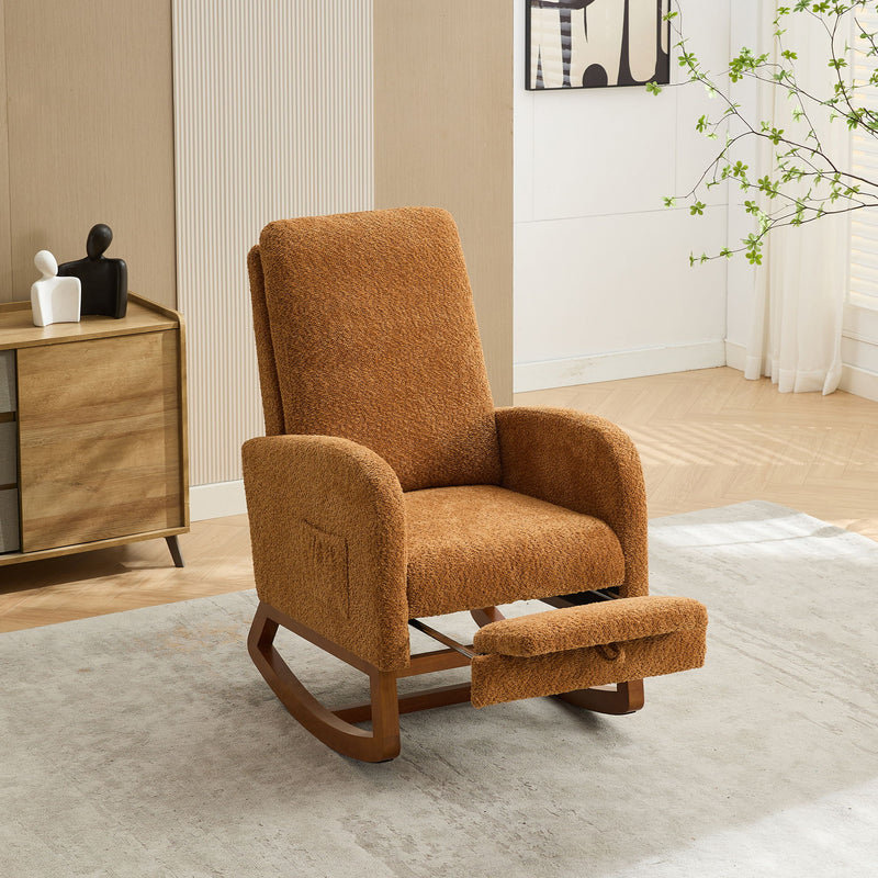Rocking High Back Glider Chair With Retractable Footrest, Side Pocket