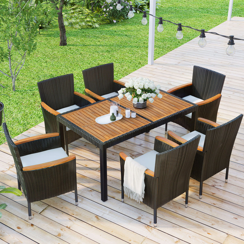 7 Piece Outdoor Patio Dining Set, Garden Wicker Dining Table And Chairs Set, Acacia Wood Tabletop, Stackable Armrest Chairs With Cushions - Brown
