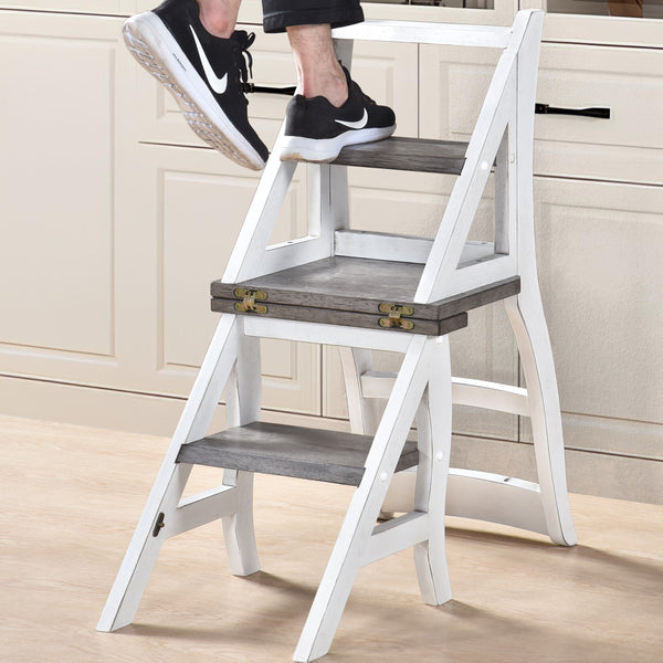 Solid Wood Foldable Ladderchair Dual Purpose Stepladders Step Display Stand Flower Stand Forhome, Library, Kitchen - Antique White / Sandstone