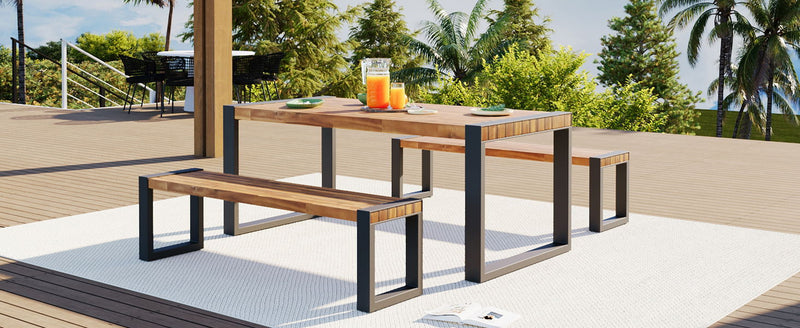 3 Pieces Outdoor Dining Table & 2 Benches, Patio Dining Set With Unique Top Texture, Acacia Wood Top & Steel Frame, All Weather Use, For Outdoor & Indoor - Natural
