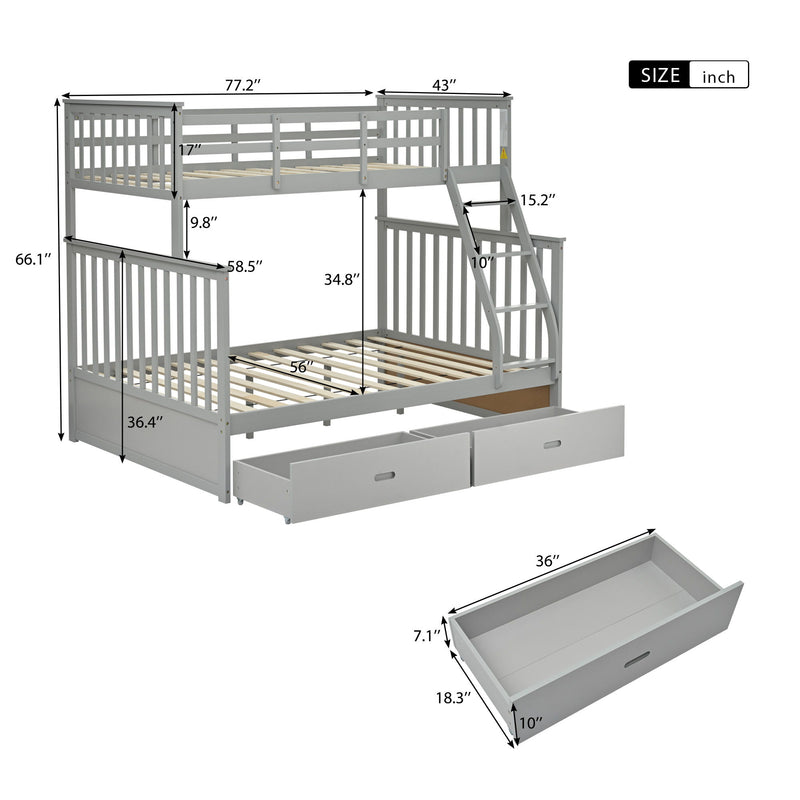 Wooden Twin Over Full Bunk Bed With Storage Drawers, Ladder, And Safety Guard Rails - Gray