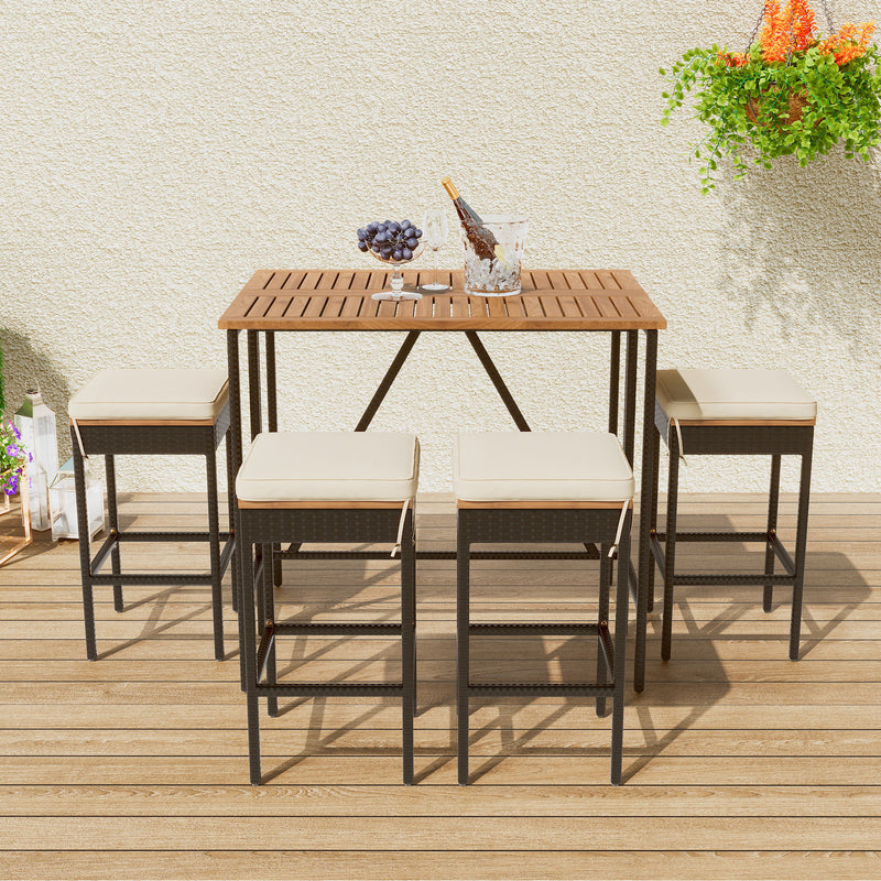 Outdoor Acacia Wood Bar Height Table And Eight Stools With Cushions