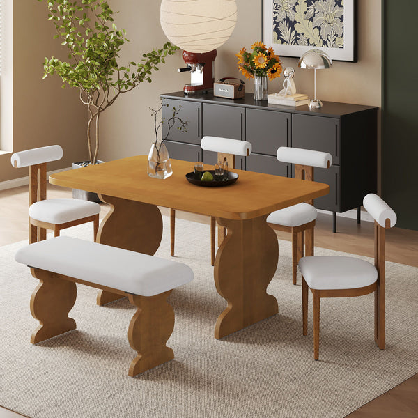 Mid-Century Modern Table Set For 6 Persons With 4 Chairs And Bench, Padded Seats And Backrest