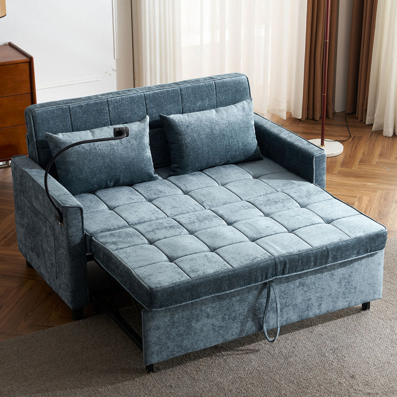 Pull-Out Sleeper Sofa With Reversible Backrest Cushion, Side Pockets, 2 USB Ports And A Phone Holder For Living Room