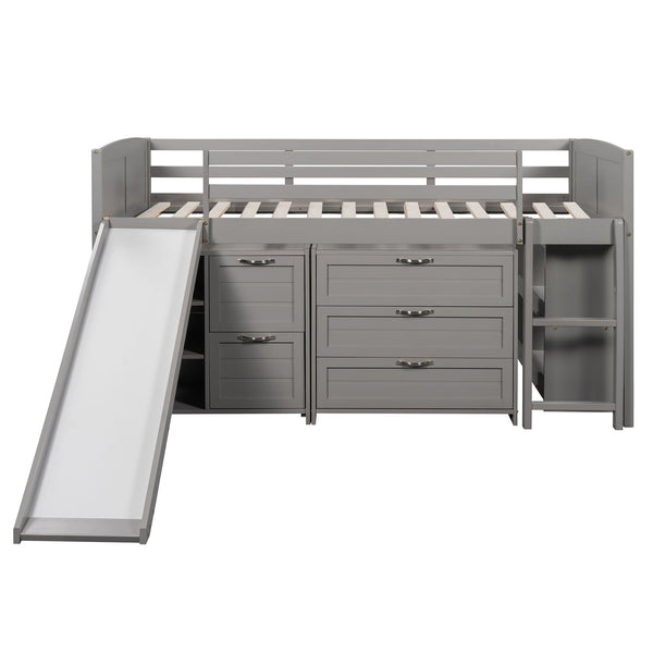 Loft Low Bed With Cabinets, Shelves And Slide