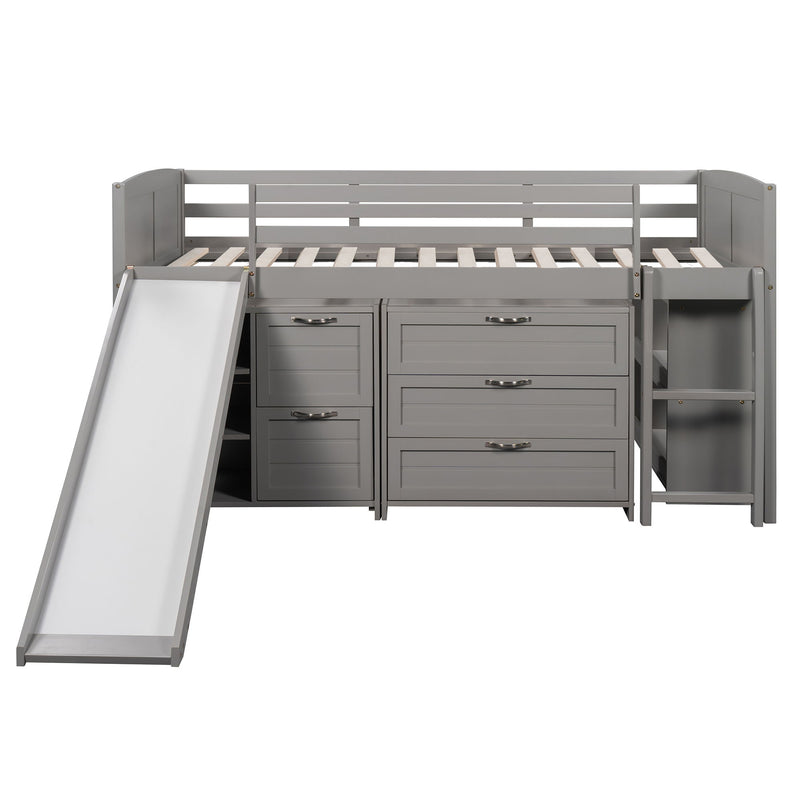 Loft Low Bed With Cabinets, Shelves And Slide