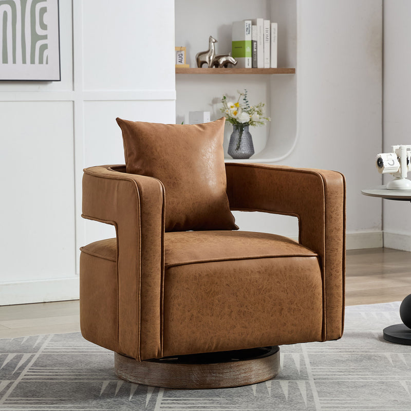 Swivel Accent Open Back Barrel Chair With Weathered Base