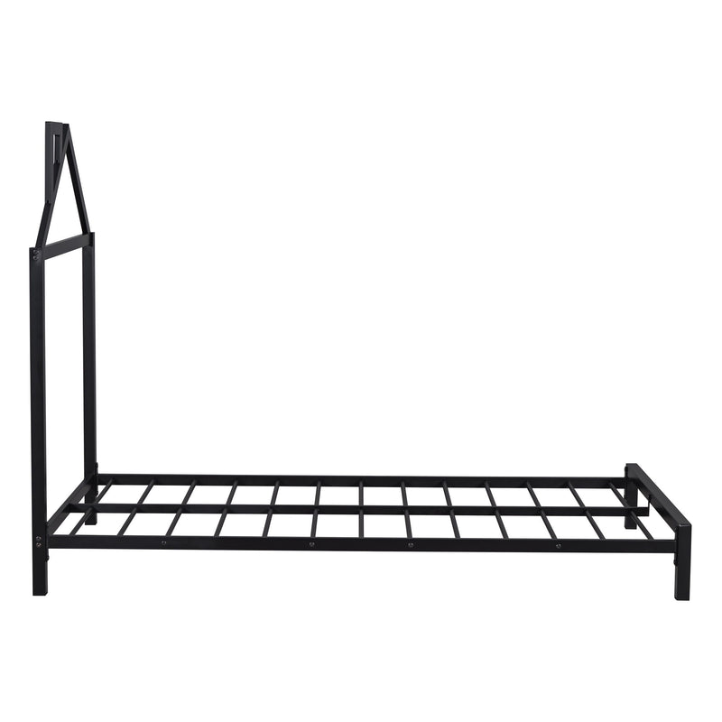 Metal Platform Bed With House-Shaped Headboard Design