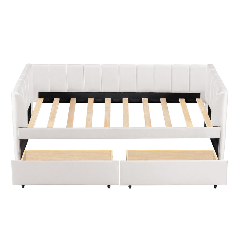 Twin Size Upholstered Daybed With Ergonomic Design Backrest And 2 Drawers - Beige