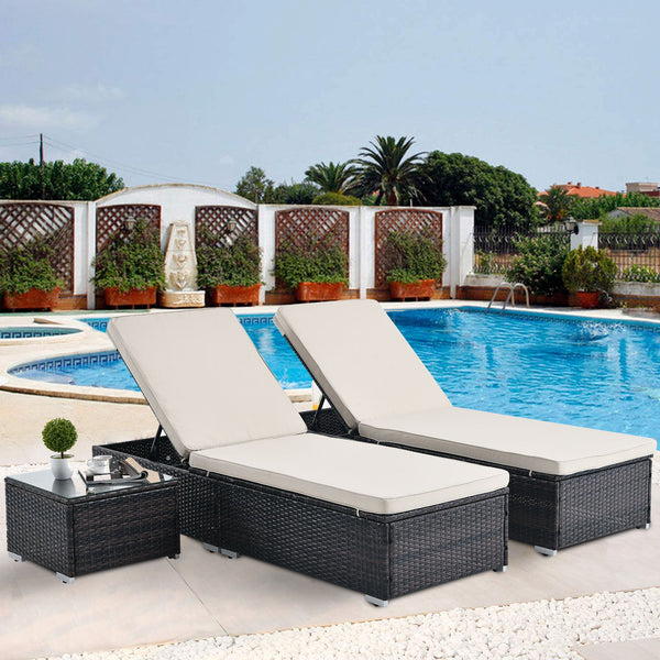 Outdoor Patio Chaise Lounge Chair, Lying In Bed With PE Rattan And Steel Frame, PE Wickers, Pool Recliners With Elegant Reclining Adjustable Backrest And Removable Cushions (Sets of 3) - Brown / Beige