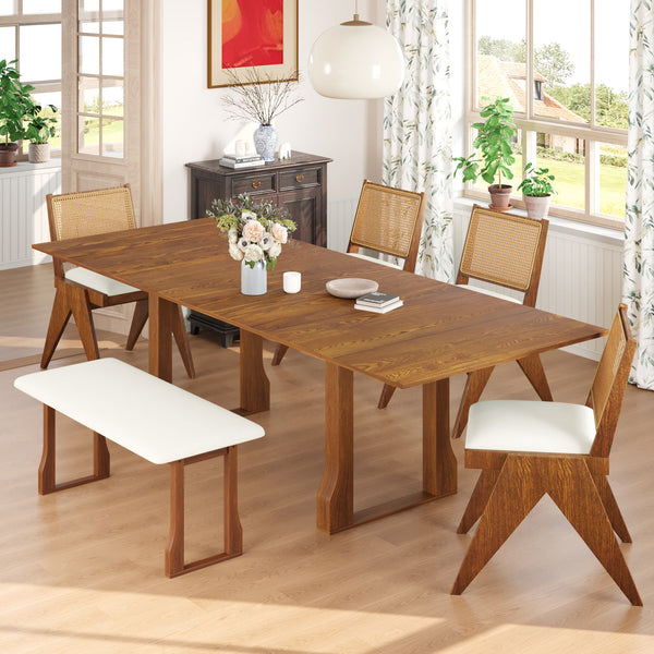 6 Piece Extendable Dining Table Set With 4 Wicker Back Upholstered Dining Chairs And Long Bench, 2 Removable Leaf