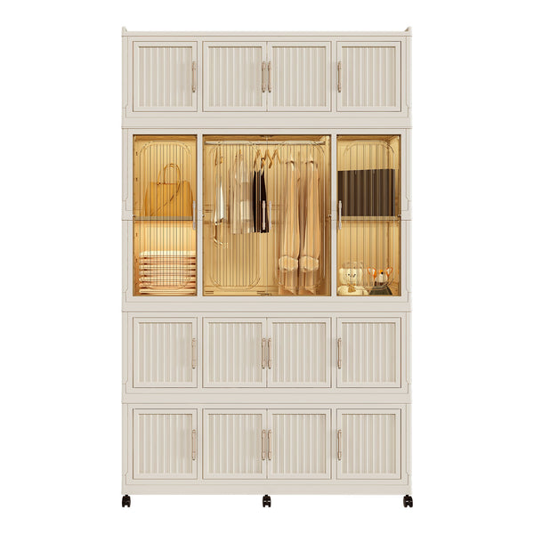 Portable Wardrobe Closet Storage Organizer With Magnetic Doors, Polypropylene - Cream White
