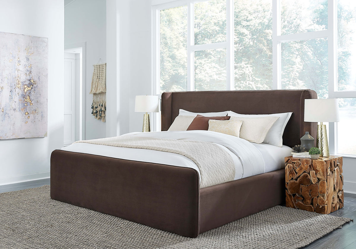 Formosa Bacall - Queen Velvet Upholstered Wingback Platform Bed - Cola