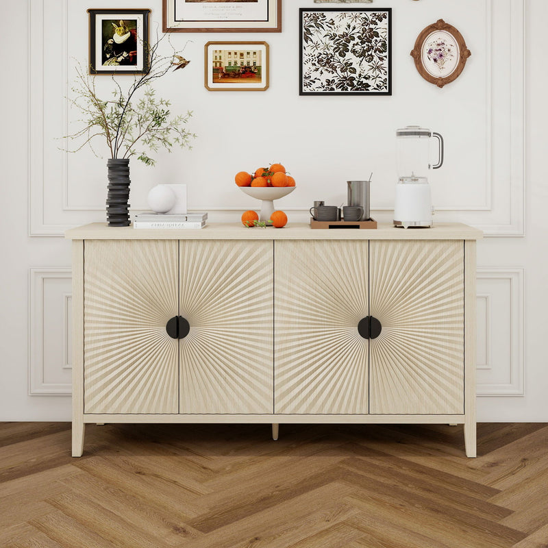 4 Door Sideboard, Carved Sideboard Buffet Cabinet With Storage, Modern Coffee Bar Cabinet With Adjustable Shelf For Living Room, Dining Room, Kitchen - Natural