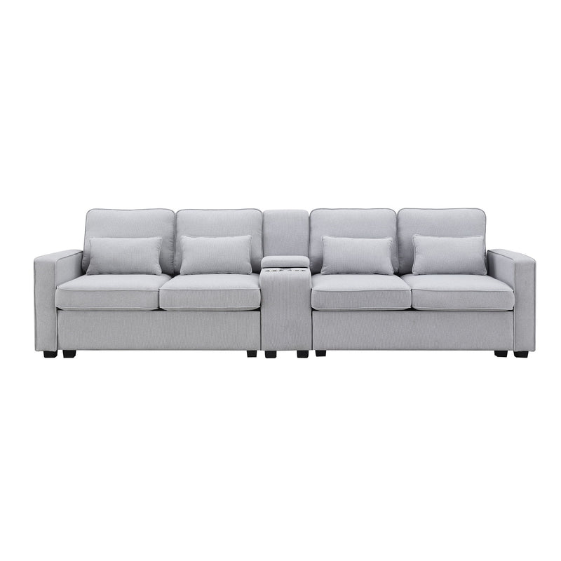 Upholstered Sofa With Console, 2 Cupholders And 2 USB Ports Wired Or Wirelessly Charged, Modern Linen Fabric Couches With 4 Pillows For Living Room, Apartment (4-Seat) - Urban Living Furniture (Los Angeles, CA)