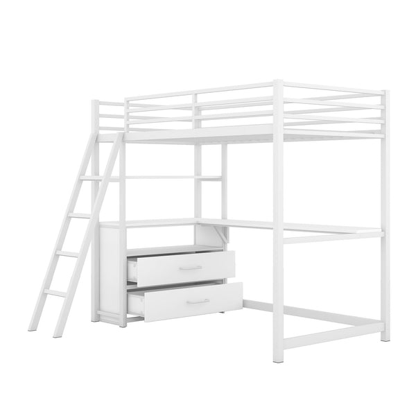 Twin Size Metal & Wood Loft Bed With Desk And Shelves - White