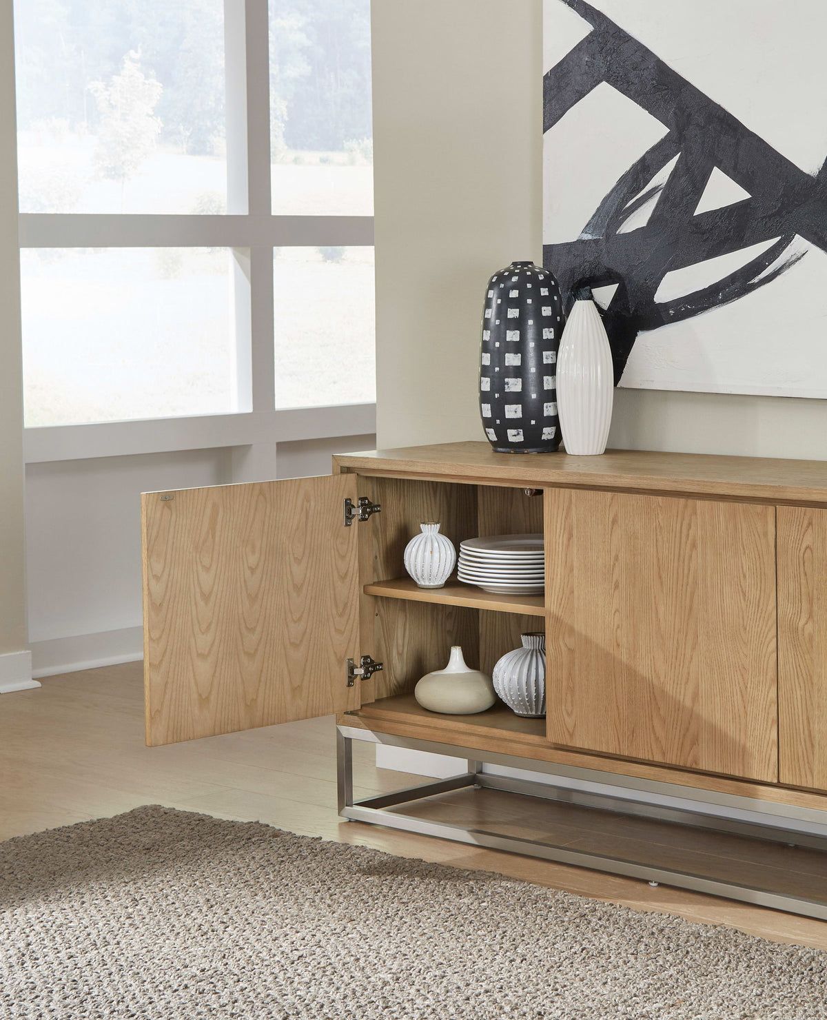 One - Modern Coastal Metal Base Sideboard - White Oak And Brushed Stainless Steel