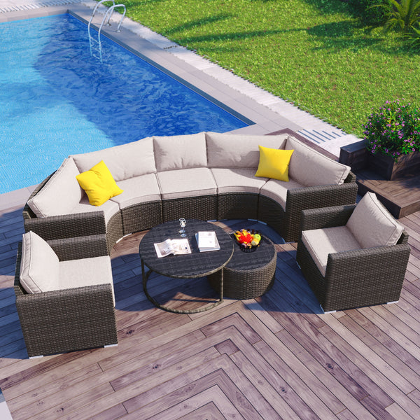 9 Pieces Outdoor Half-Moon Patio Sofa Set, Round Sofa Set, Modern Style Sofa - Brown / Beige
